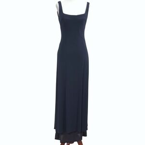 Vtg Andrea Polizzi for Rex Lester 90s Maxi Gown Sz 4 Navy Square Neck Cowl Back